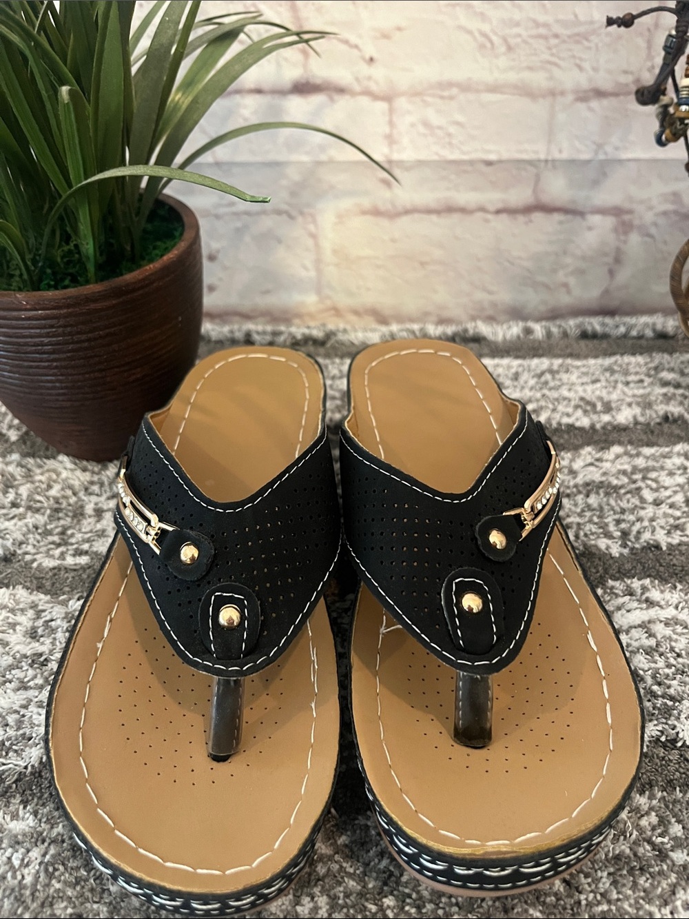 Black and Tan Embellished Thong Sandals - Picture 2 of 10